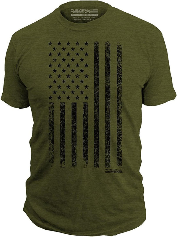 This We'Ll Defend - Distressed American Flag - Made of USA - Mens 52/48 Premium T-Shirt, Olive Heather