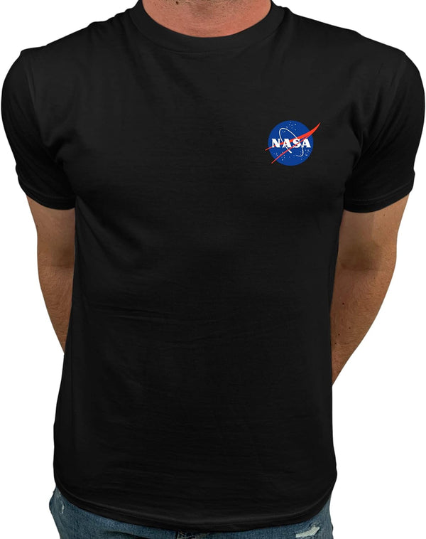 Official Logo NASA I Mini Pocket Logo NASA T Shirts for Men Blue on Black Small