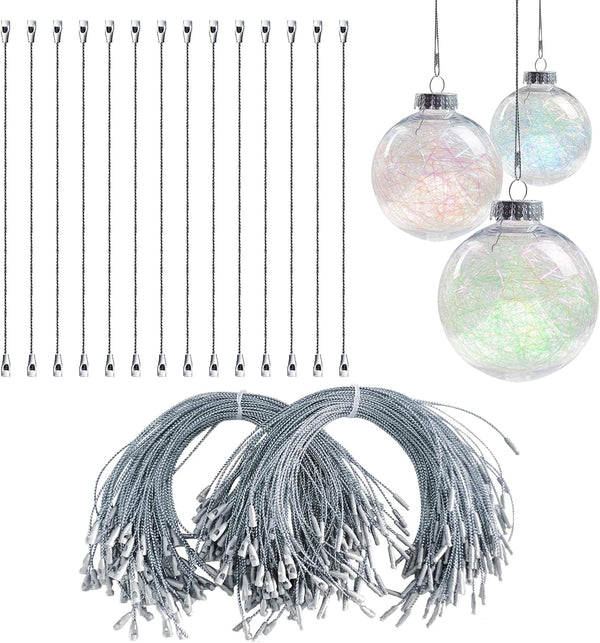 200Pcs Silver Christmas Ornament String with Snap Precut Polyester Ropes Christmas Ornament String Hangers for Christmas Tree Decorations Ornaments